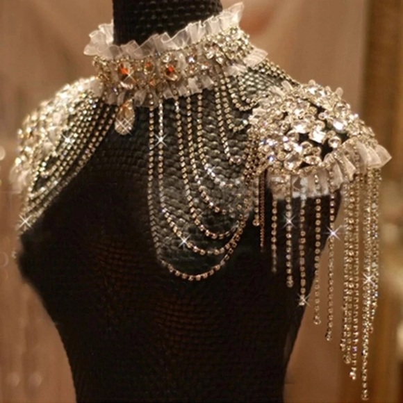 Rhinestone/Tulle Frills Bridal Shoulder Tassel, Glam Coverup for Strapless Dress - Picture 4 of 4